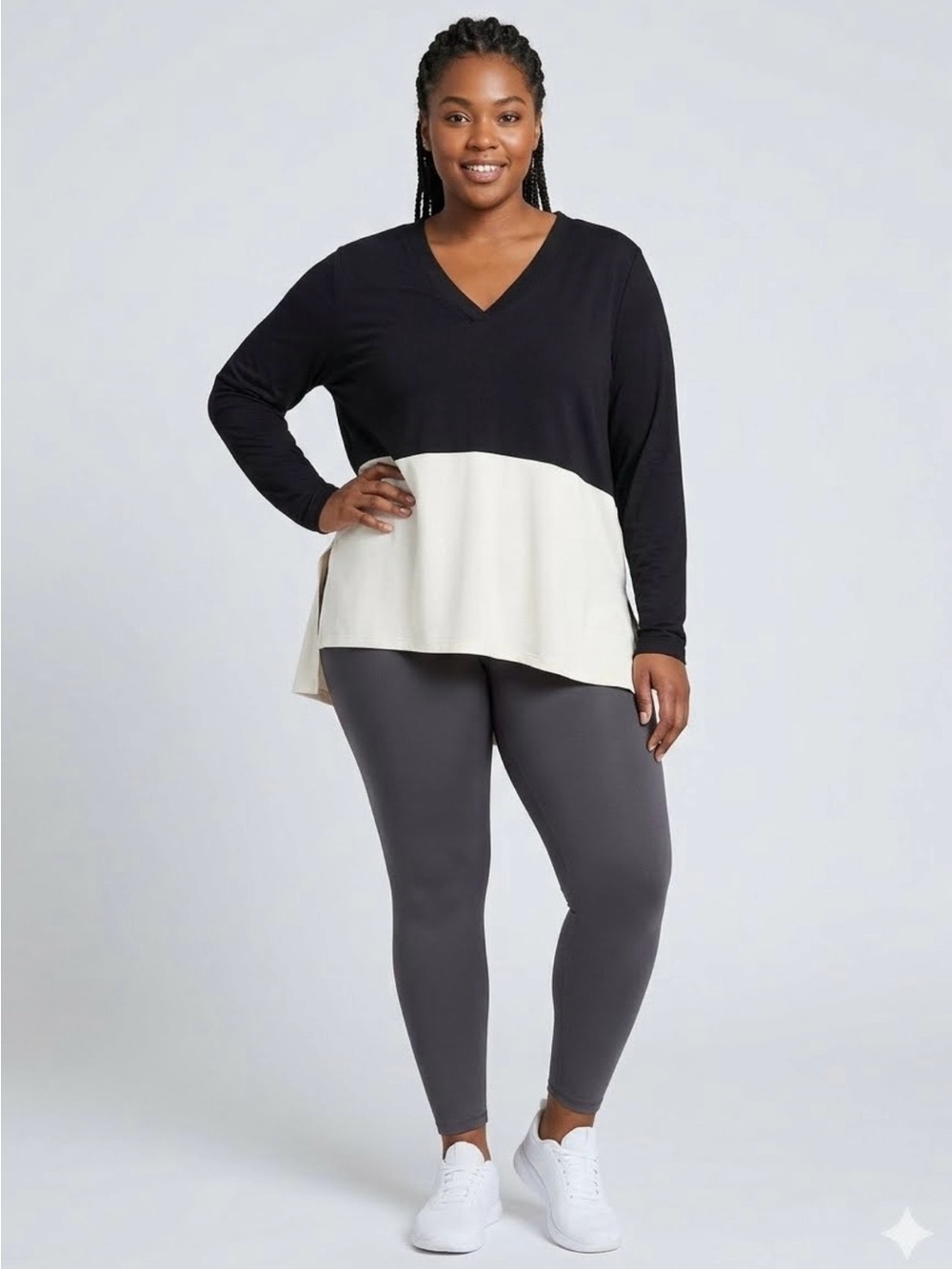 Livi Active Black & Cream Colorblock V-Neck Hoodie Pullover 14/16